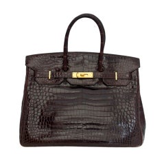 Hermes Cognac Porosus Crocodile Birkin 35 cm Bag with Gold Hardw