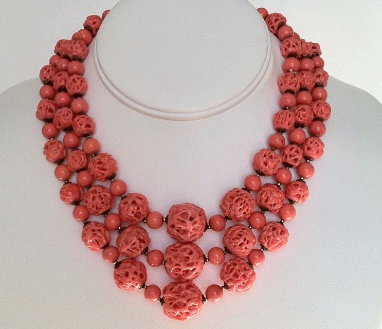 Fine and rare vintage Miriam Haskell prototype necklace. Signed three strand necklace prominently featured in The Jewels of Miriam Haskell book (Deanna Farneti Cera) page 174. Handmade pate de verre glass beads to imitate rough coral. Item features