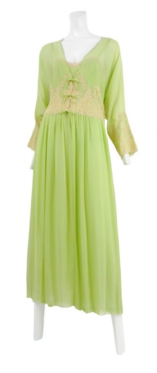 Chiffon vibrant lime green dressing gown with matching long sleeve robe. delicate lace and gather detailing at bust with the same detail continued on the robe.