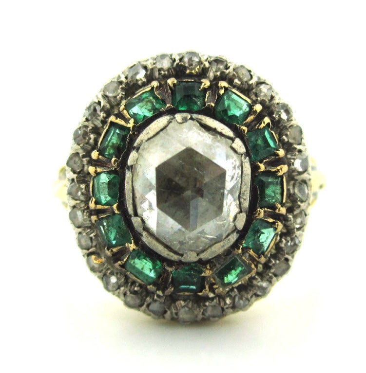 Antique Green Emerald Rose Cut Diamond Cluster Ring