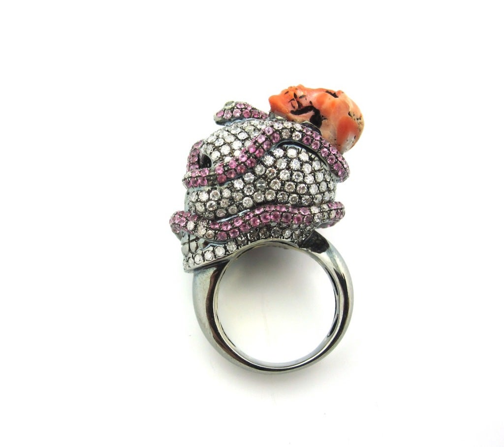 Lydia Courteille Diamond, Sapphire & Coral Skull & Serpent Ring In Excellent Condition In Los Angeles, CA