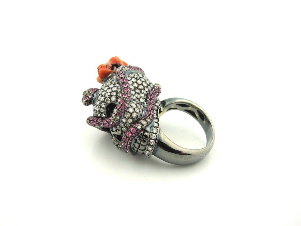 Lydia Courteille Diamond, Sapphire & Coral Skull & Serpent Ring 1