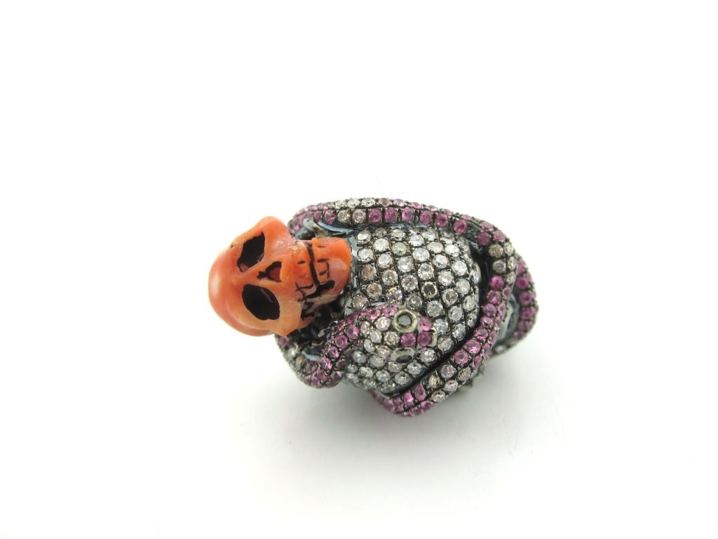 Lydia Courteille Diamond, Sapphire & Coral Skull & Serpent Ring 2