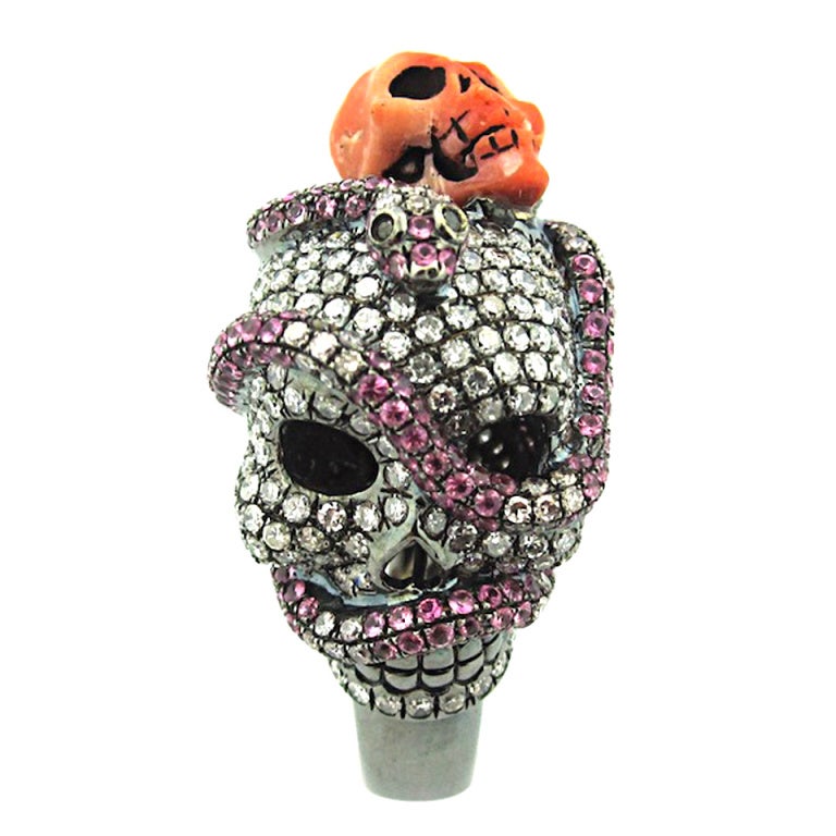 Lydia Courteille Diamond, Sapphire & Coral Skull & Serpent Ring