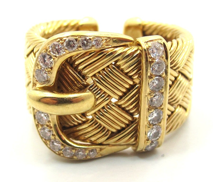 Rare Hermes Yellow Gold & Diamond Woven Buckle Motif Bracelet & Ring Set In Excellent Condition In Los Angeles, CA