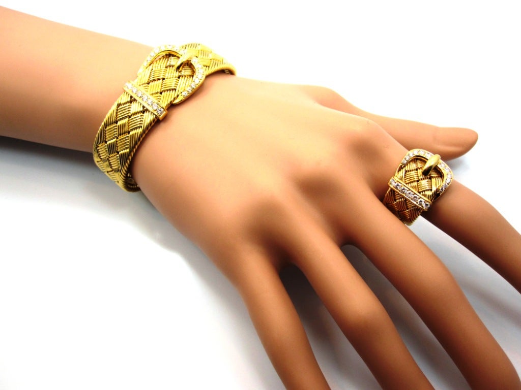Women's Rare Hermes Yellow Gold & Diamond Woven Buckle Motif Bracelet & Ring Set