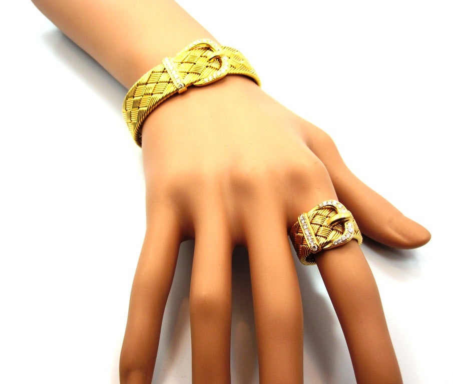 Rare Hermes Yellow Gold & Diamond Woven Buckle Motif Bracelet & Ring Set 1