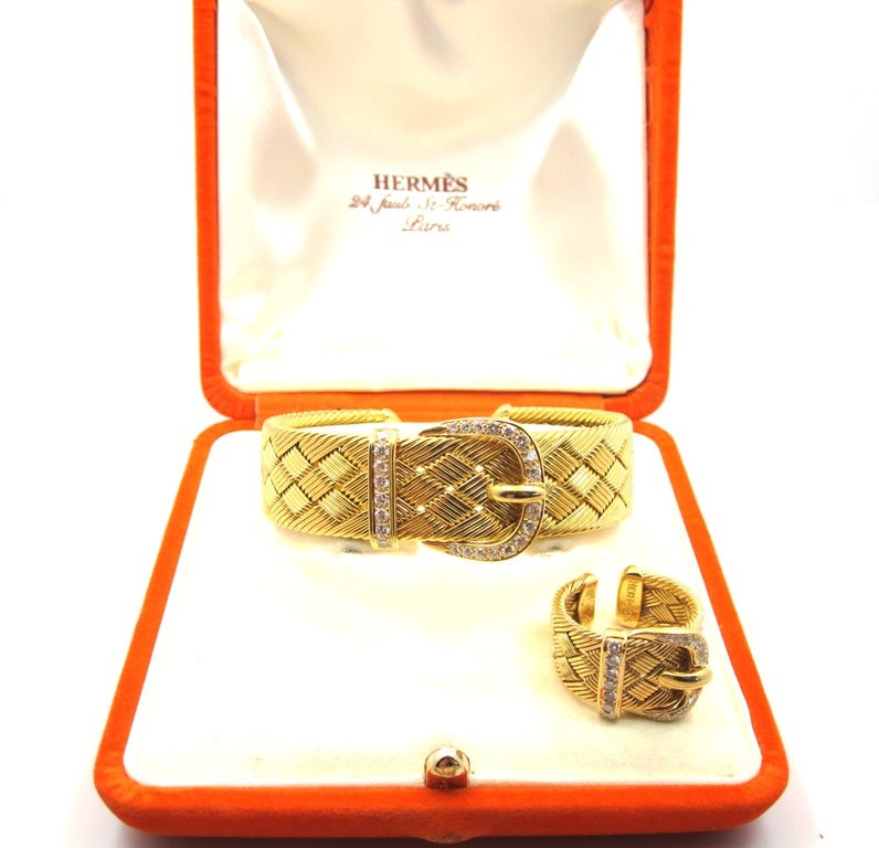 Rare Hermes Yellow Gold & Diamond Woven Buckle Motif Bracelet & Ring Set 2