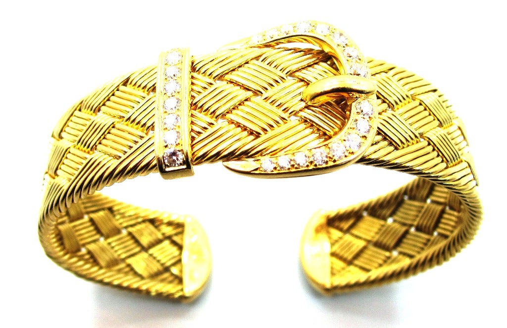Rare Hermes Yellow Gold & Diamond Woven Buckle Motif Bracelet & Ring Set 3