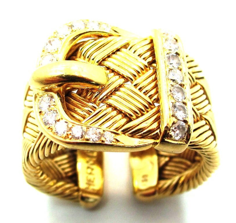 Rare Hermes Yellow Gold & Diamond Woven Buckle Motif Bracelet & Ring Set 4