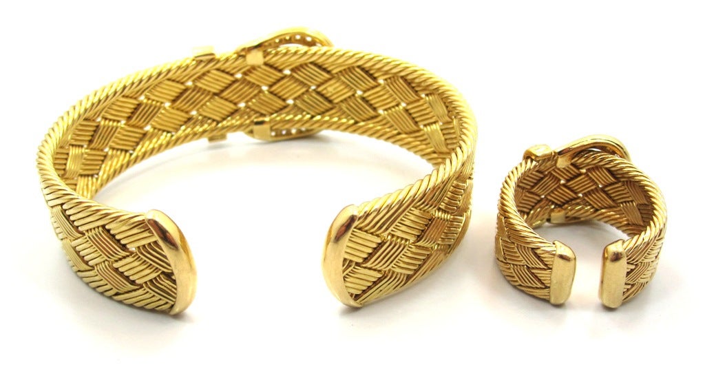 Rare Hermes Yellow Gold & Diamond Woven Buckle Motif Bracelet & Ring Set 5