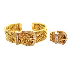 Vintage Rare Hermes Yellow Gold & Diamond Woven Buckle Motif Bracelet & Ring Set