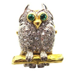Superb English Two-Tone Diamond Gold Owl Ring 1971 
