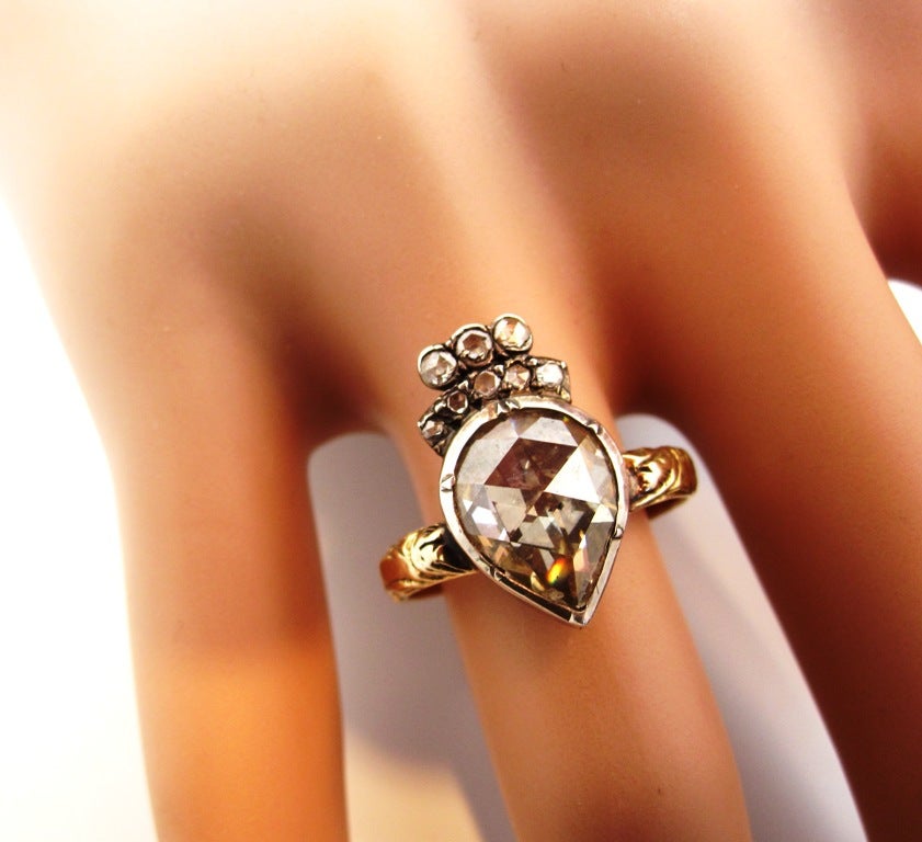 Women's Unique Georgian Era Pear Shaped Rose Cut Diamond Silver Topped Gold Ring