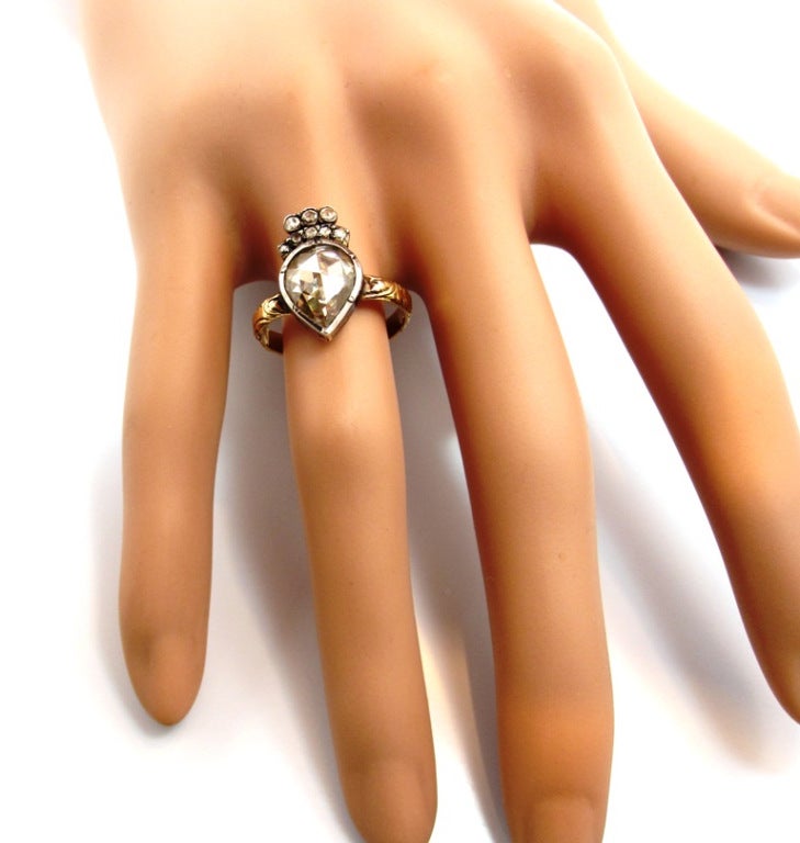 Unique Georgian Era Pear Shaped Rose Cut Diamond Silver Topped Gold Ring 2