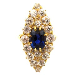 Antique Victorian Sapphire Old Mine Cut Diamond Gold Navette Ring