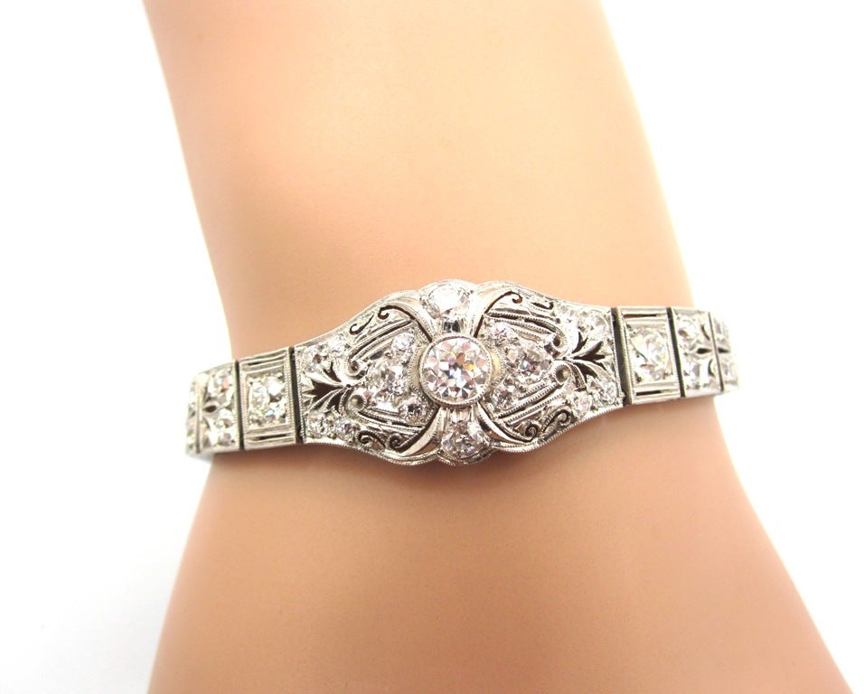 Art Deco Platinum & Old Cut Diamond Carved & Pierced Bracelet In Excellent Condition In Los Angeles, CA