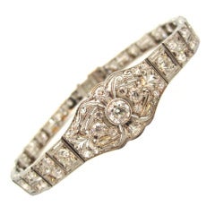 Art Deco Platinum & Old Cut Diamond Carved & Pierced Bracelet