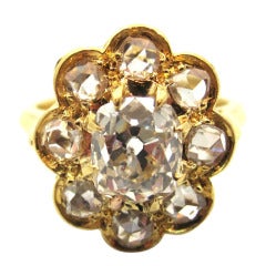 Rare French Victorian Old Cut Diamond Yellow Gold Cluster Ring