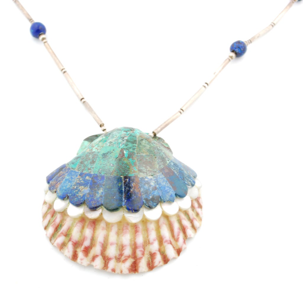 Women's or Men's Mid Century Los Castillo Sterling and Mosaic Shell Necklace For Sale
