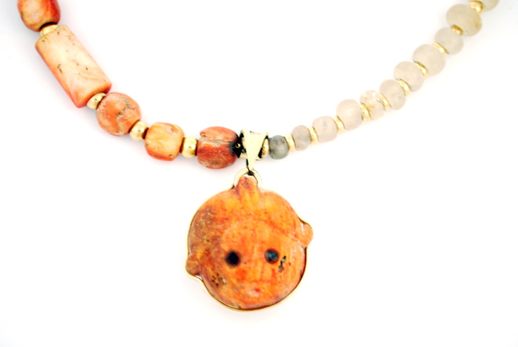 This exceptional collection of Mayan quartz beads (classic period 200-900 AD) made into an asymmetric necklace using Spondillus Pre Columbian beads from Western Mexico, perhaps from Colima(late Pre Classic). The rest of the beads are antique rose