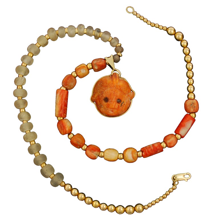 Pre Columbian Spondylus/Quartz Necklace set in 14k For Sale