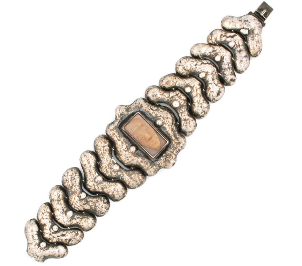 Mexican Silver Repousse Bracelet c1930 Neo Aztec