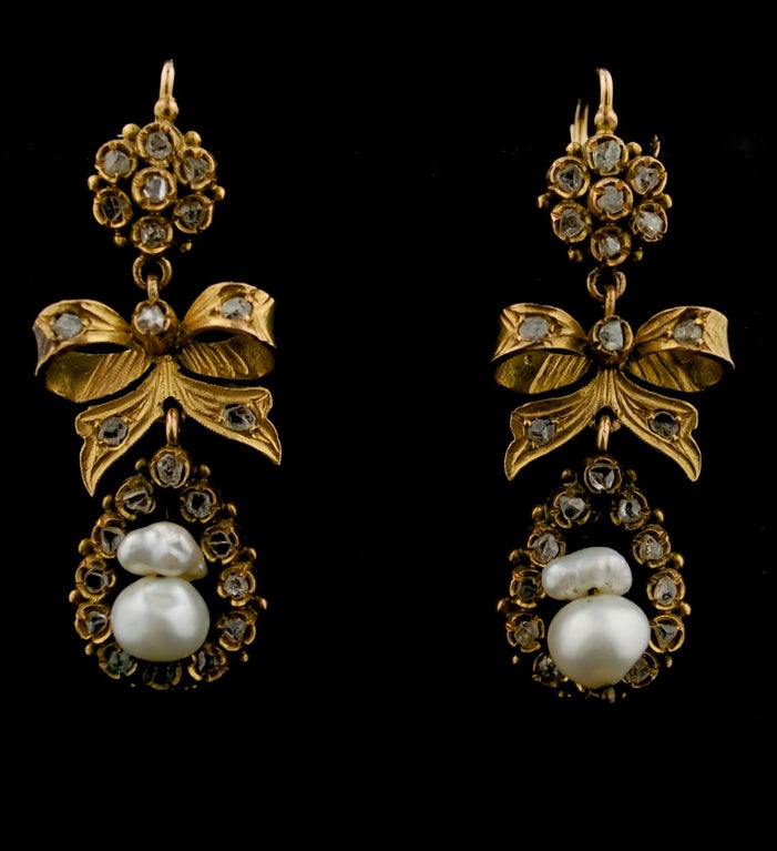 Women's 19th C Earrings Gold and Mine Cut Diamonds For Sale