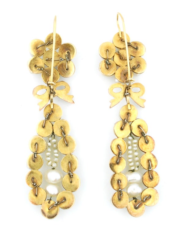 Amazing huge earrings handcrafted in 12k gold and natural large fresh water pearls and seed pearls. These beauties are ethnographic pieces probably from the state of Guerrero in Mexico.  These are traditional pieces worn on special occasions that