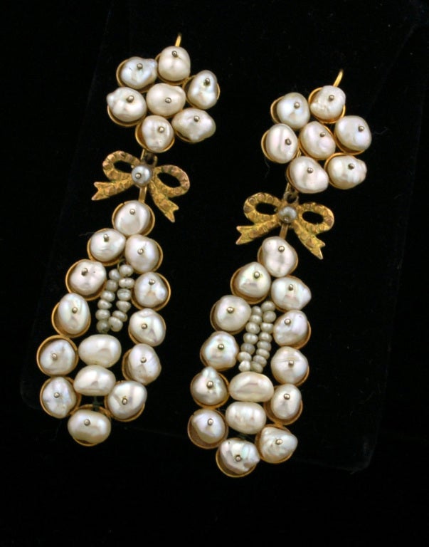 Women's Long Pearl and Gold Earrings For Sale