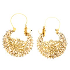 Antique Gold Filigree Hoop Earrings with Natural Pearls