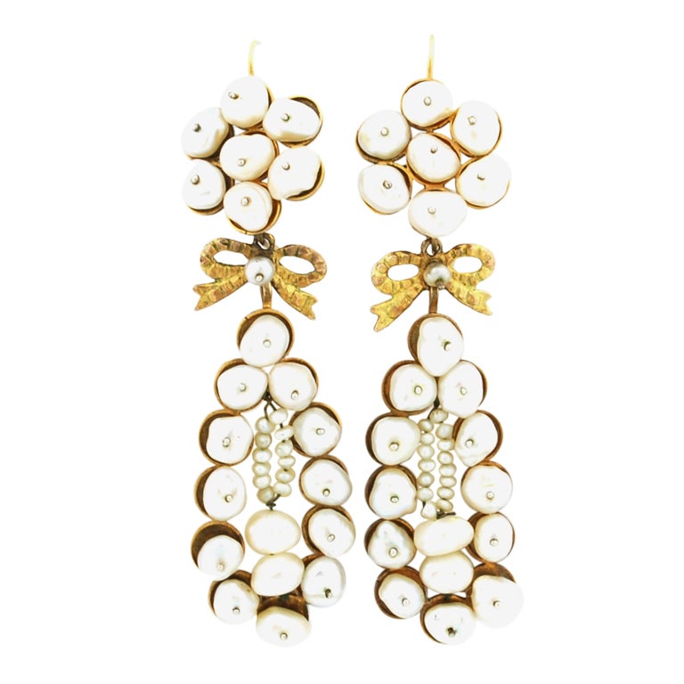 Long Pearl and Gold Earrings For Sale