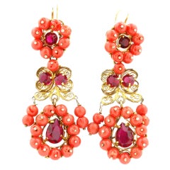 Coral and Gold Filigree Chandelier Earrings