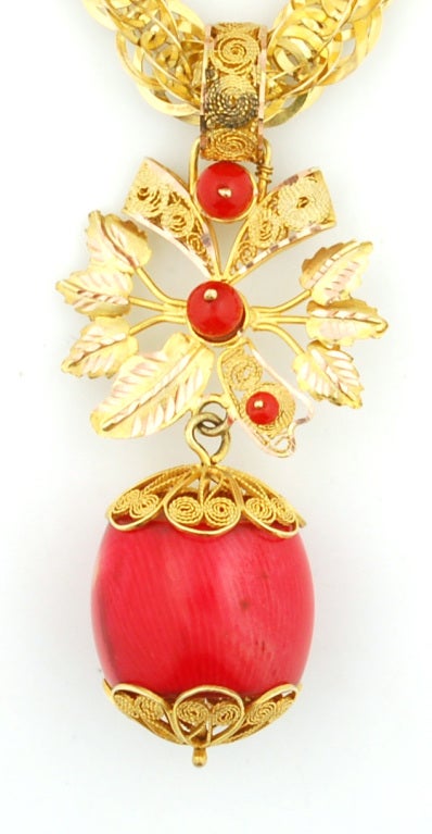 Large Coral and Gold Filigree Necklace