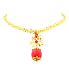 Large Coral and Gold Filigree Necklace