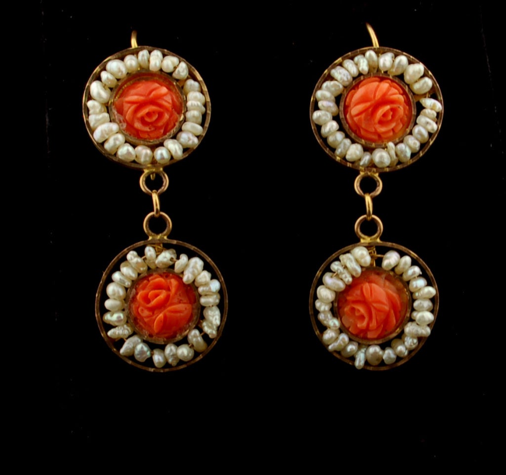 Antique Carved Coral Gold Earrings
