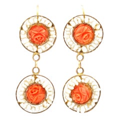 Antique Carved Coral Gold Earrings