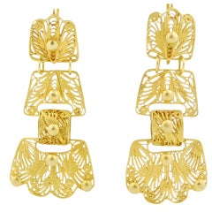 Gold Filigree Long Mexican Earrings in the Style of Frida Kahlo