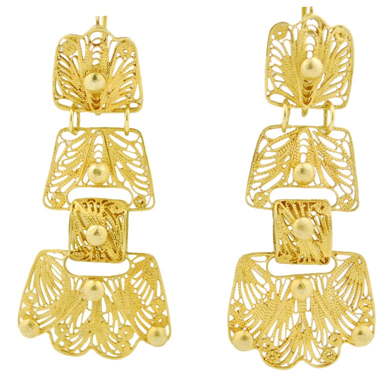 Gold Filigree Long Mexican Earrings in the Style of Frida Kahlo For Sale