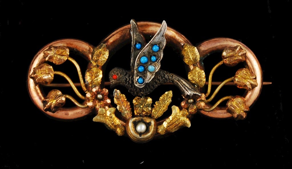 Victorian Gold, Turquoise, Pearl and Coral Mexican Brooch For Sale 1