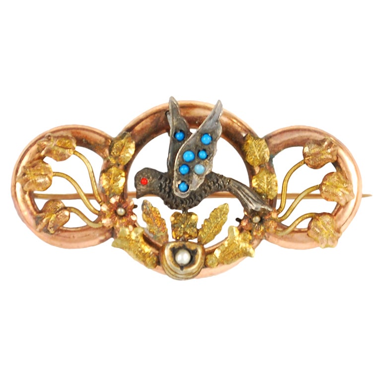 Victorian Gold, Turquoise, Pearl and Coral Mexican Brooch For Sale