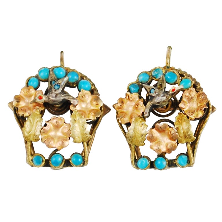 Victorian Rose Gold Bird Mexican Earrings For Sale