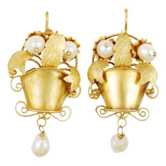 Antique Mexican Earring 18k Gold and Natural Pearls