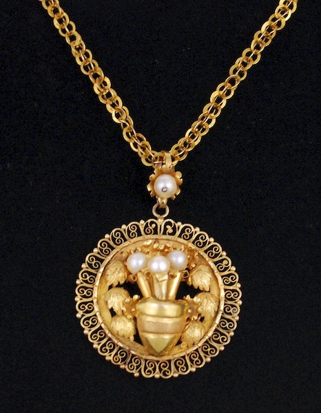 Antique Mexican Gold and Pearl Necklace Pendant
