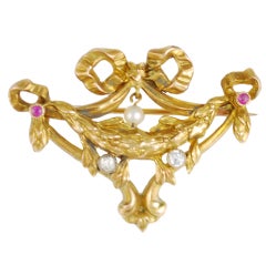 Belle Epoque Diamonds and Rubies Gold Dix-Huitieme Style Pin