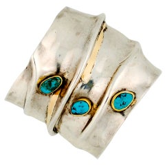 Modernist Native American Silver, Gold and Turquoise Bracelet
