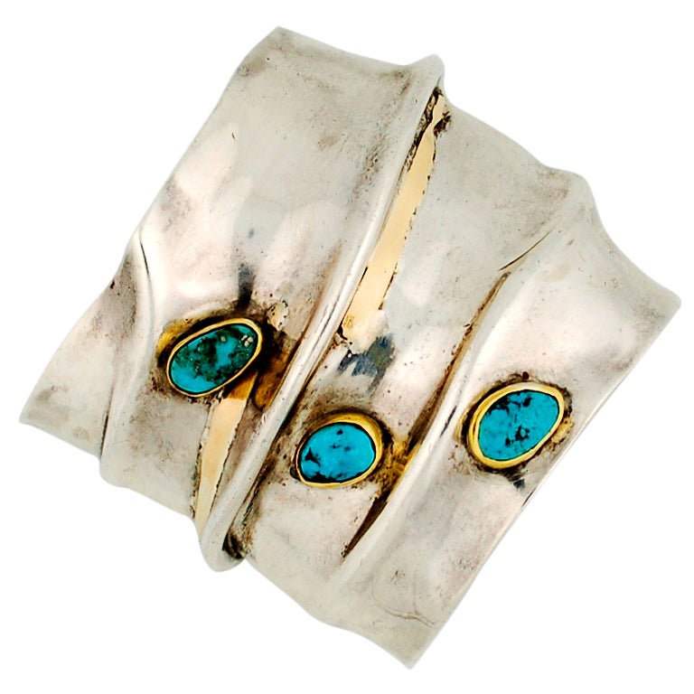 Modernist Native American Silver, Gold and Turquoise Bracelet For Sale