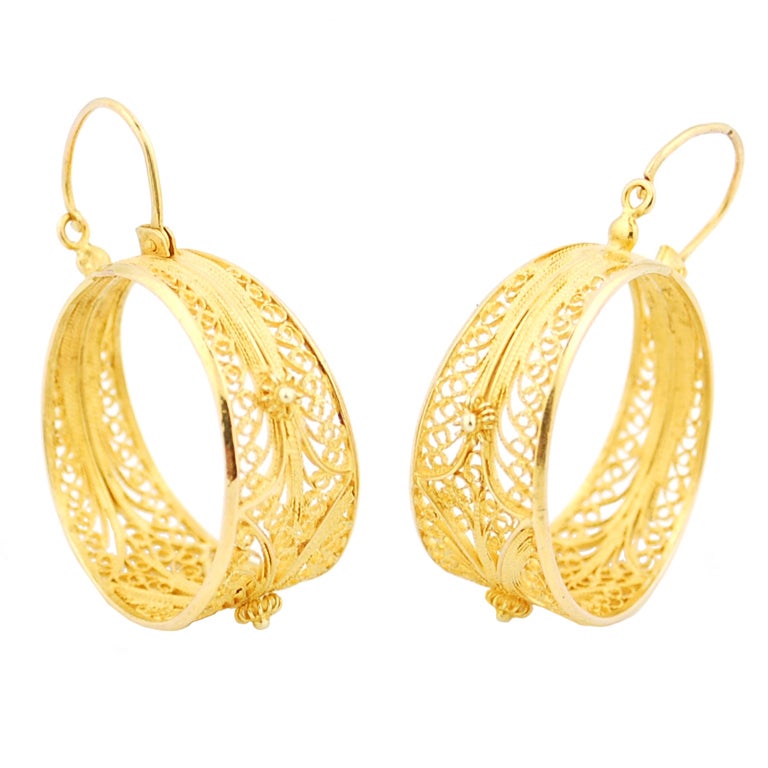 Frida Style Gold Filigree Hoop Earrings For Sale