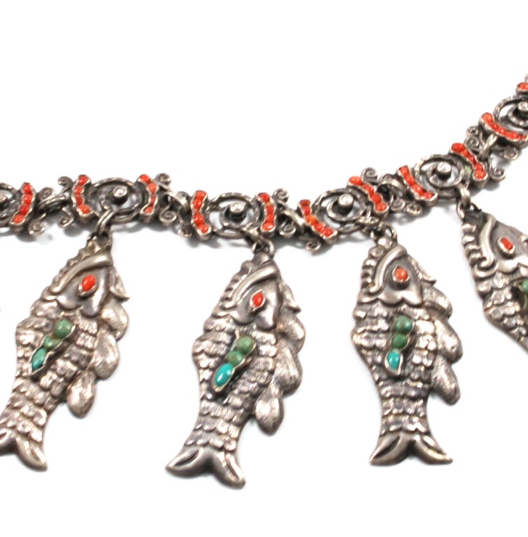 Women's Antique Mexican Repousse Necklace Turquoise and Coral For Sale