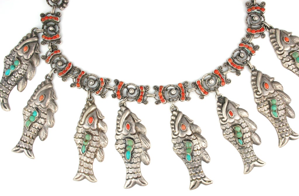 Antique Mexican Repousse Necklace Turquoise and Coral For Sale 2